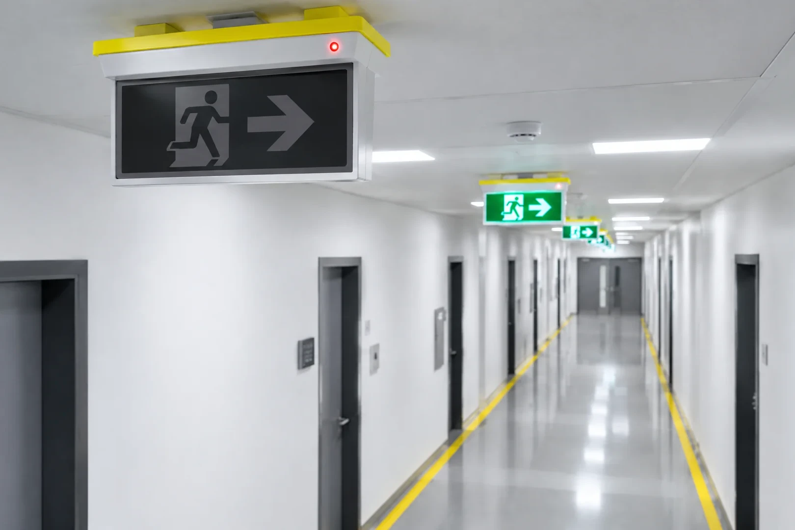Fluchtweg mit Rettungszeichenleuchten, eine Sicherheitsleuchte ist ausgefallen und zeigt eine Störung per roter LED
