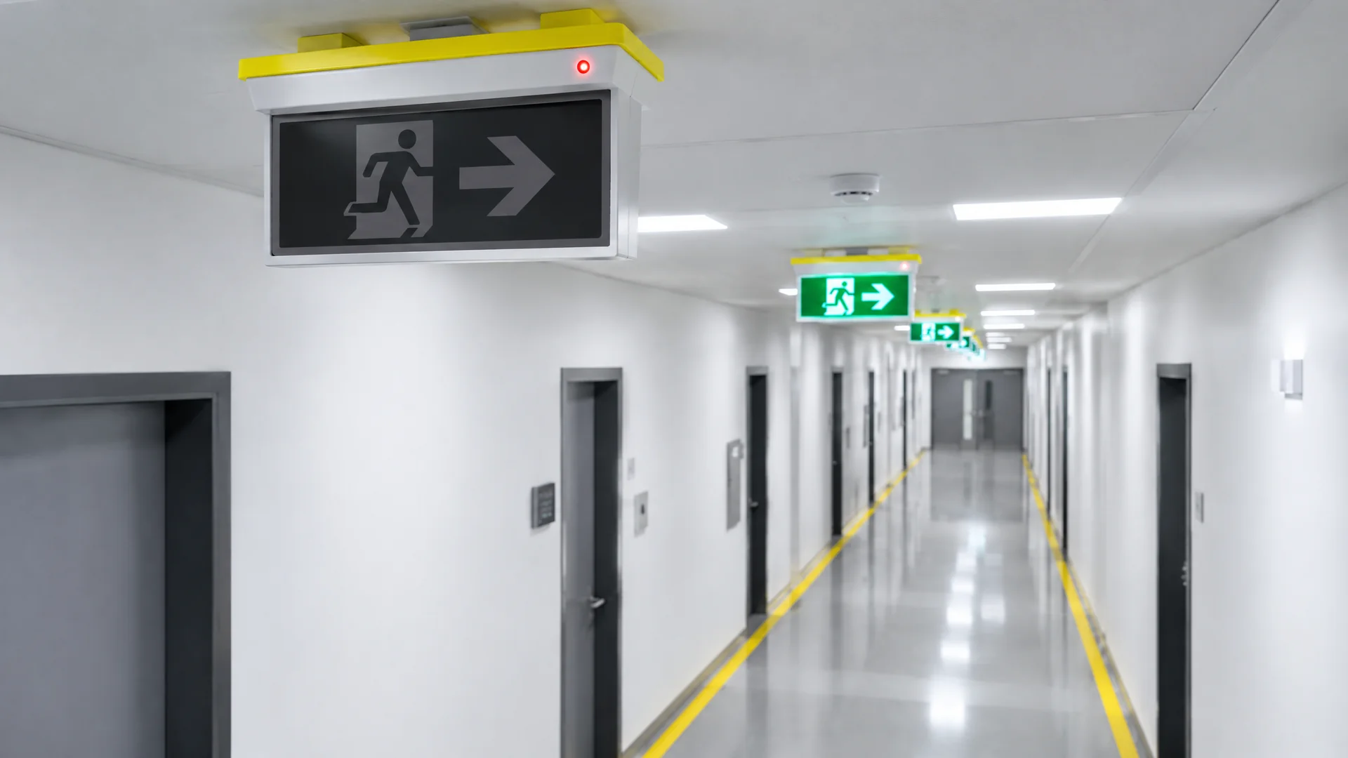 Fluchtweg mit Rettungszeichenleuchten, eine Sicherheitsleuchte ist ausgefallen und zeigt eine Störung per roter LED