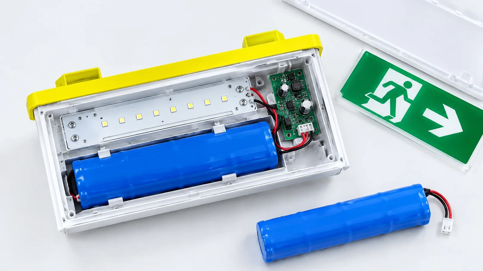 Geöffnete Notleuchte mit Akku, LED-Modul und Ladeelektronik, daneben ein neuer Ersatz-Akku