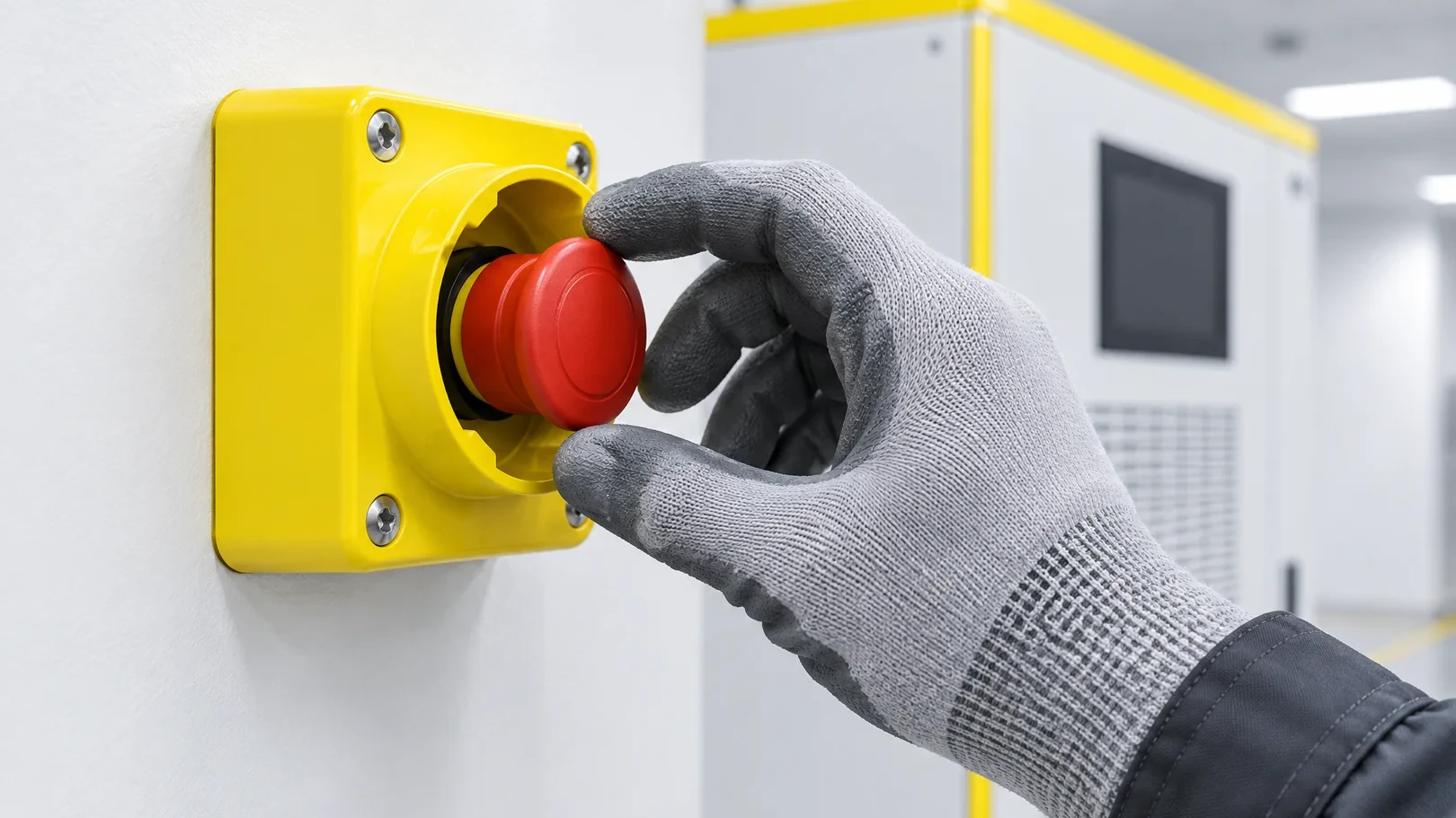 Techniker entriegelt den ausgelösten Not-Aus-Schalter (EPO) neben einer ausgefallenen USV-Anlage