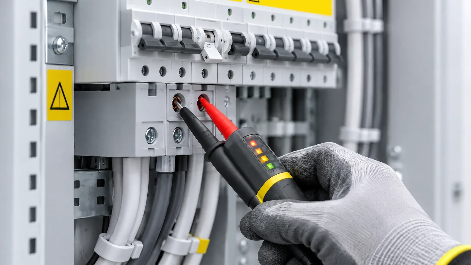 Techniker prüft mit einem Spannungsprüfer die Eingangsspannung an den Klemmen der USV-Zuleitung