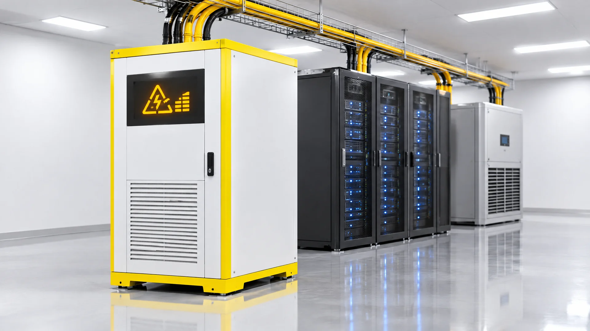 USV-Anlage im Serverraum meldet Überlast, angeschlossen sind Server-Racks und ein Kühlgerät