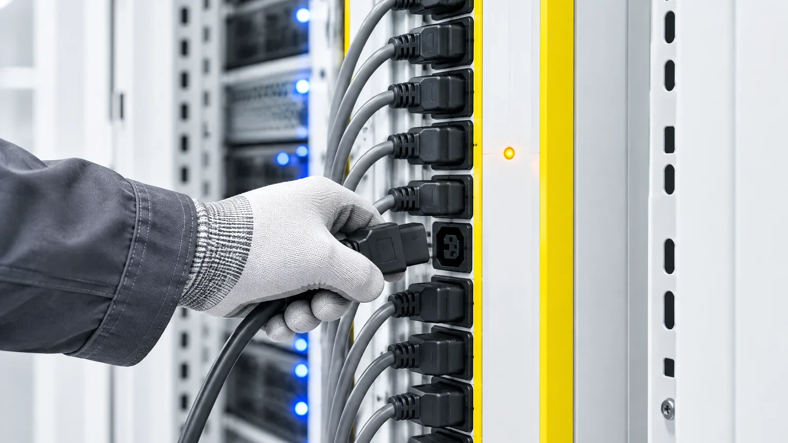 Techniker trennt einen Verbraucher von der Steckdosenleiste im Serverrack, um die Überlast der USV zu senken