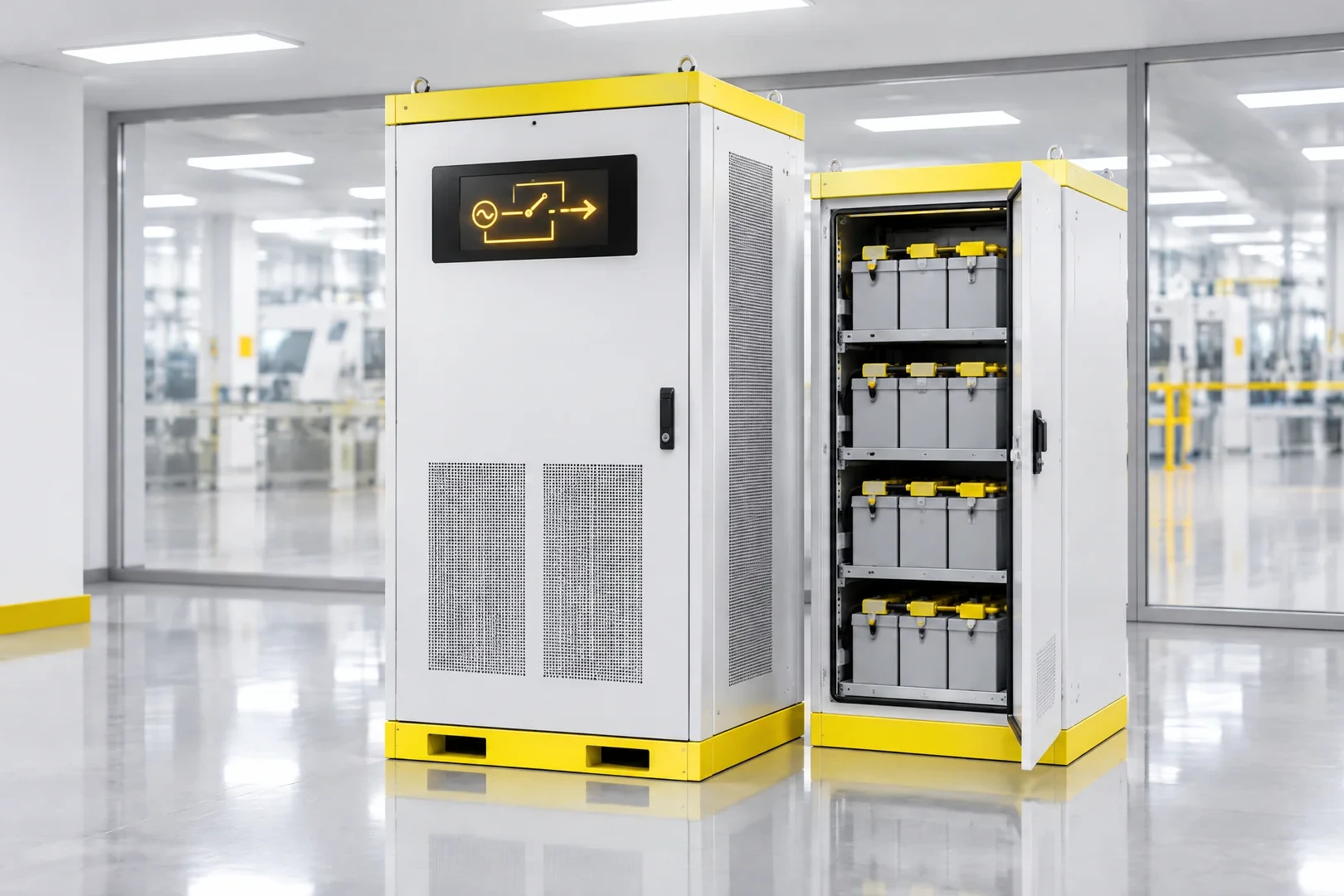 USV-Anlage im Bypass-Betrieb mit geöffnetem Batterieschrank in einer Industriehalle