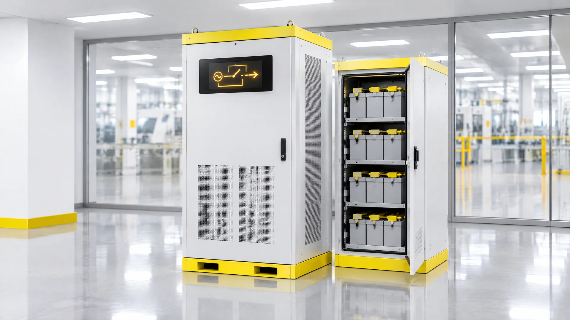 USV-Anlage im Bypass-Betrieb mit geöffnetem Batterieschrank in einer Industriehalle