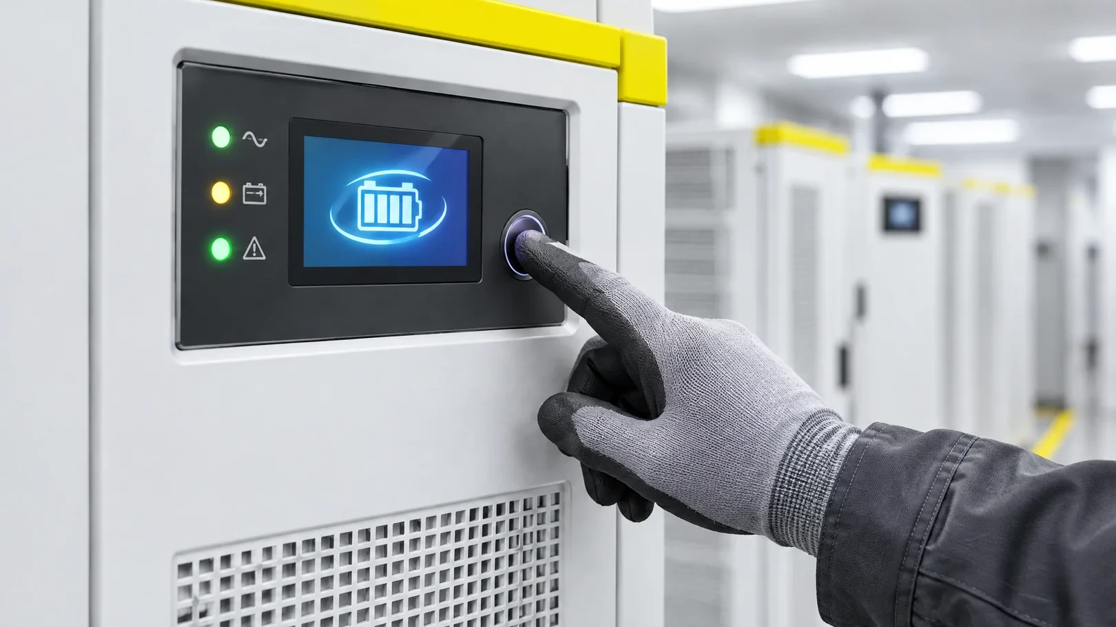 Techniker startet an der USV einen Kurzzeittest, um die Umschaltung auf Batteriebetrieb zu prüfen
