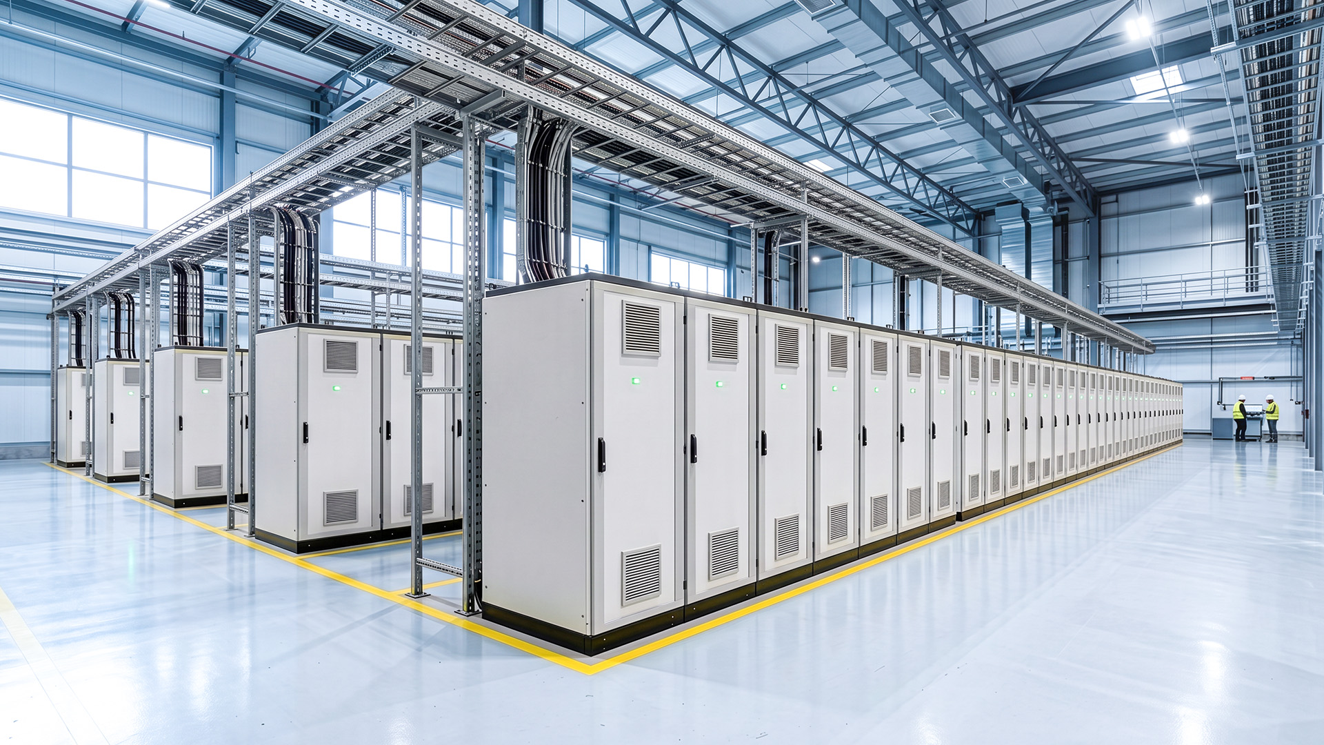 Batteriespeicher-Schränke (BESS) in einer Industriehalle für das Energiemanagement im Betrieb
