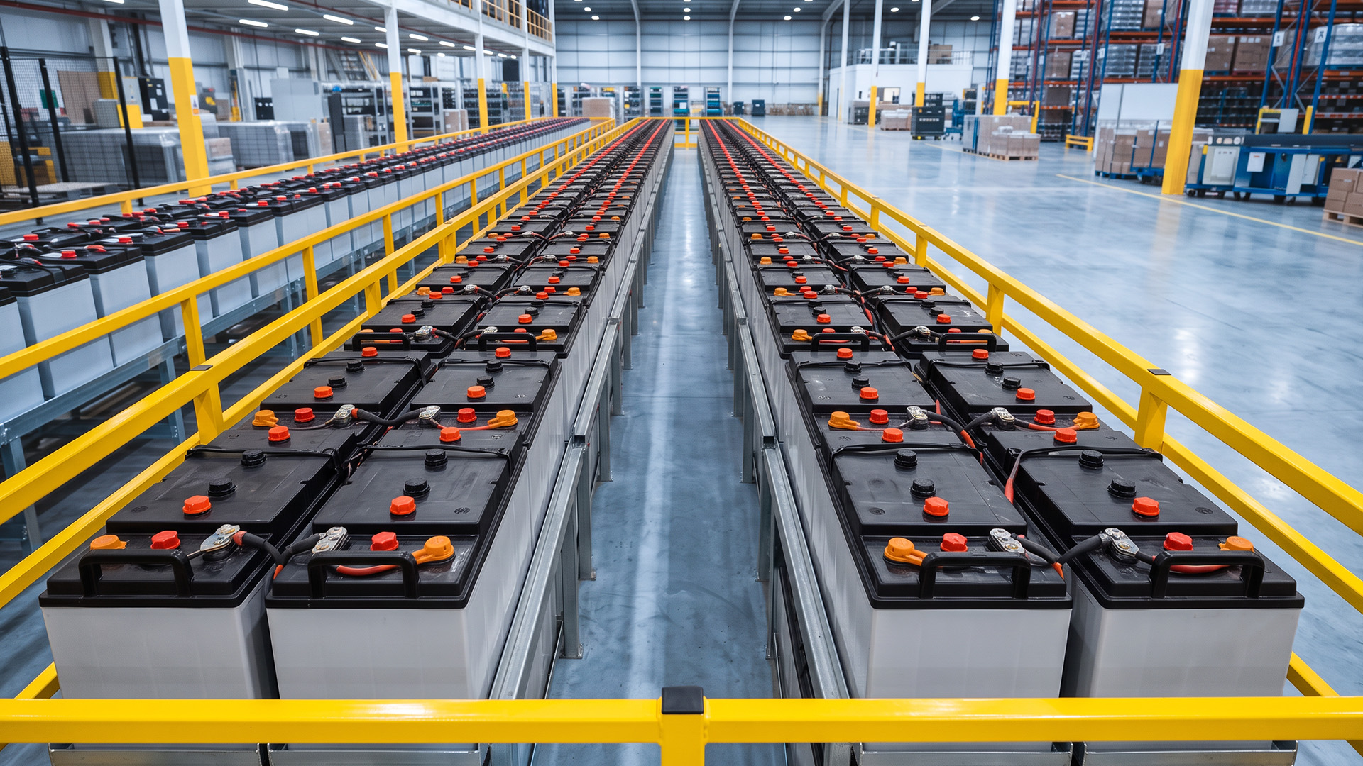 Batterielager in einer Industriehalle mit langen Batteriereihen und gelben Schutzgeländern