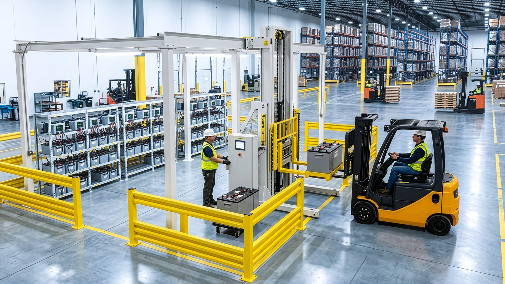Logistikhalle mit Gabelstapler und gelb abgesicherter Batteriewechselstation