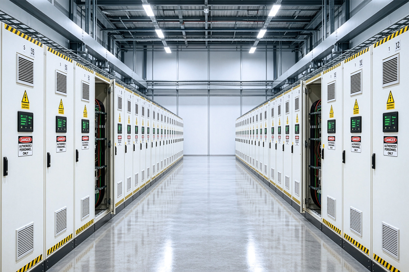 Technikhalle mit langen Reihen weißer Schaltschränke für Netzersatz- und USV-Anlagen