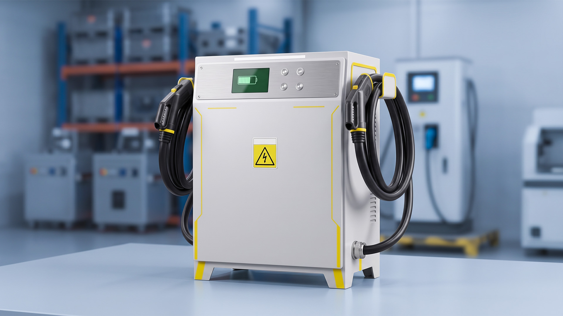 Ladegerät für Traktionsbatterien mit Ladekabeln in einer Lagerhalle