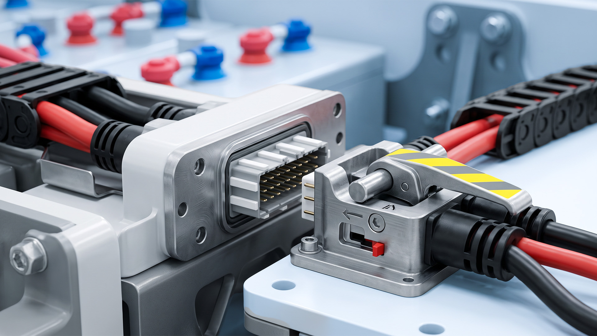 Steckverbindungen und Batteriekabel beim Wechsel einer Traktionsbatterie in Nahaufnahme